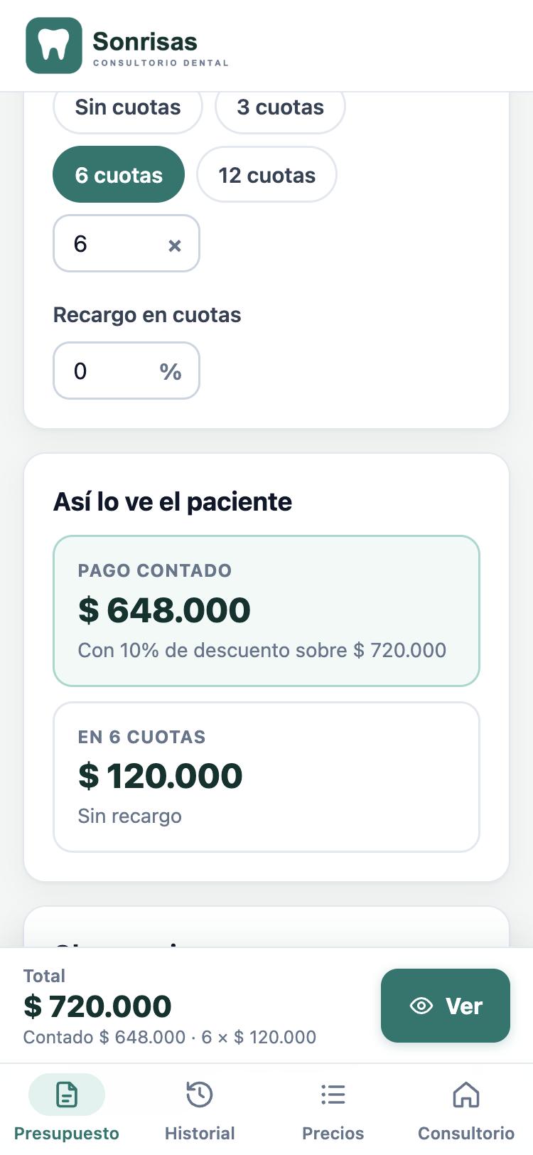Formas de pago: seis cuotas elegidas y las tarjetas con el precio de contado y de cada cuota
