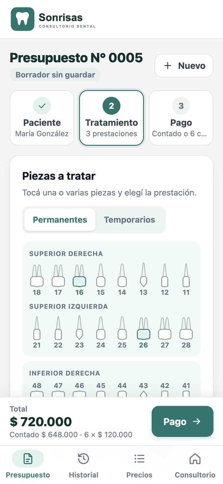 La app con el odontograma: las piezas 16 y 26 marcadas y el total del presupuesto abajo