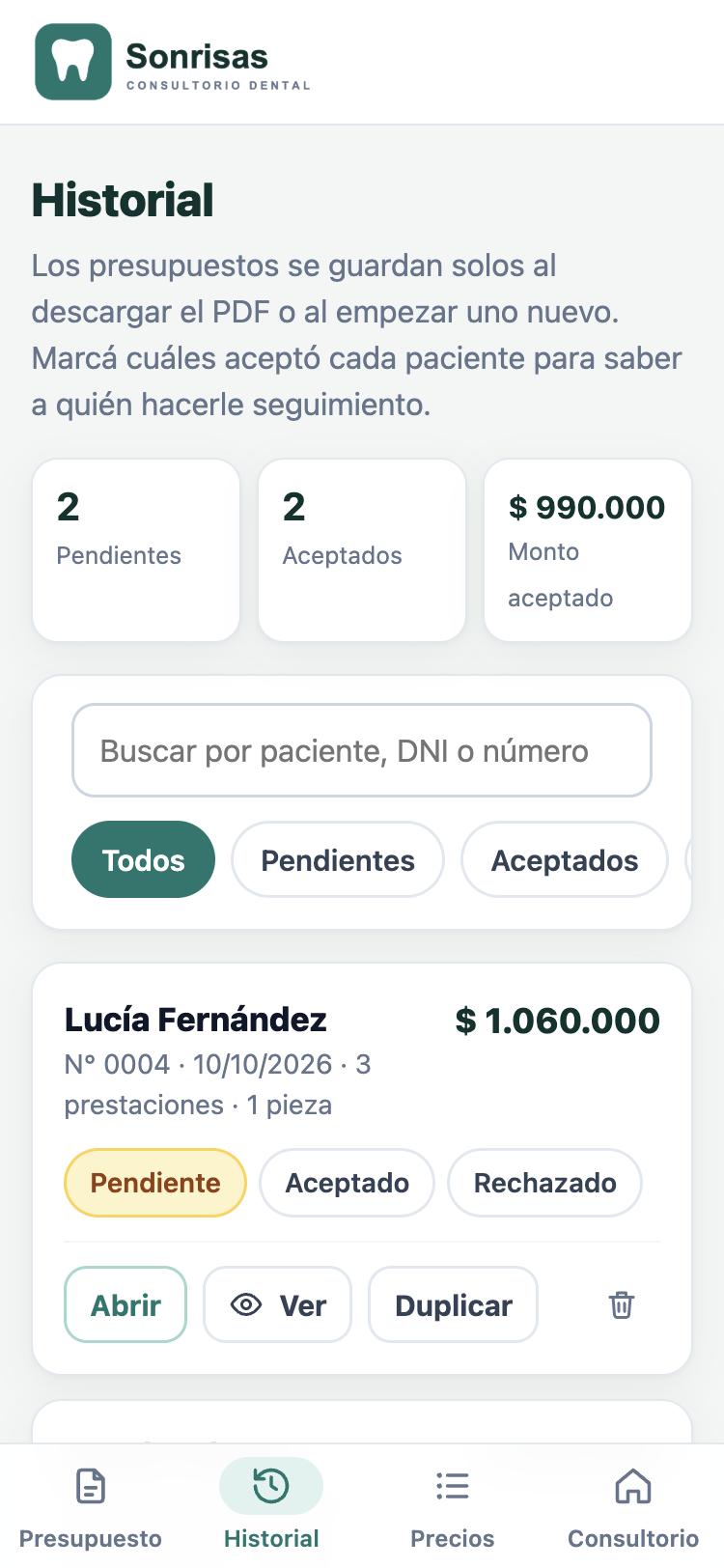 Historial de presupuestos con pendientes, aceptados y el monto aceptado