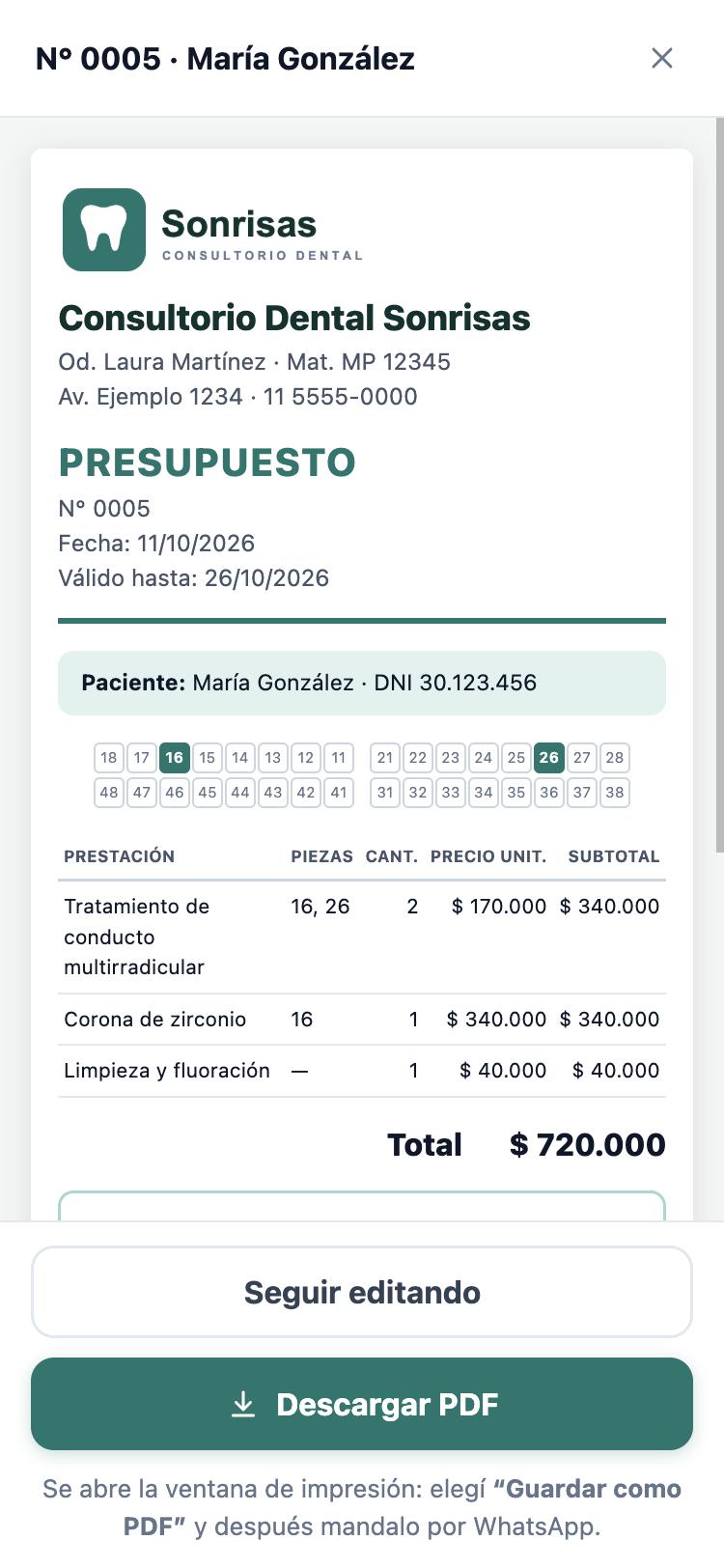 Vista previa del presupuesto con el logo del consultorio, el odontograma y el total
